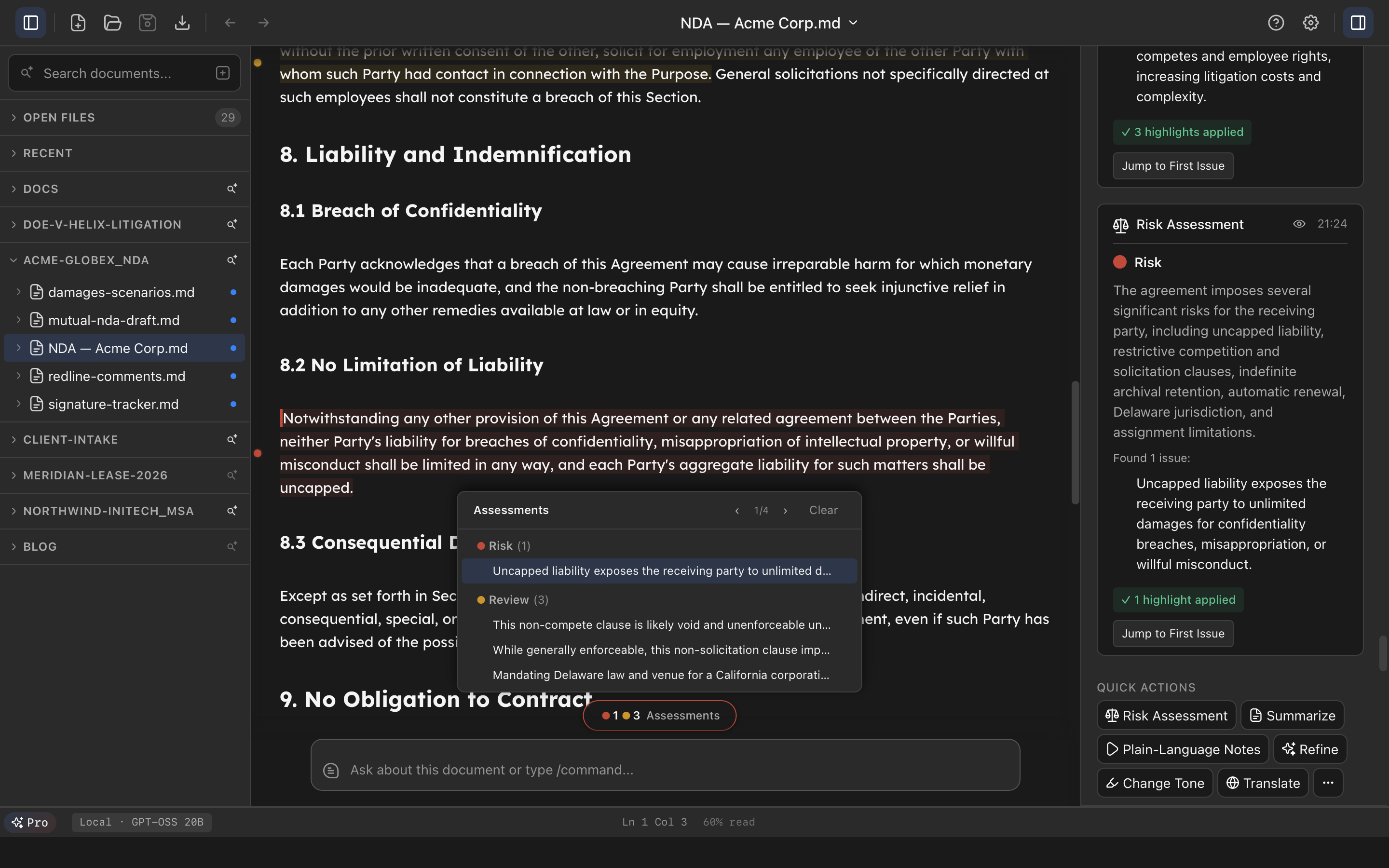 An NDA open in Return. Red and yellow dots in the gutter mark flagged clauses, and the Assessments list shows one risk and three items to review.