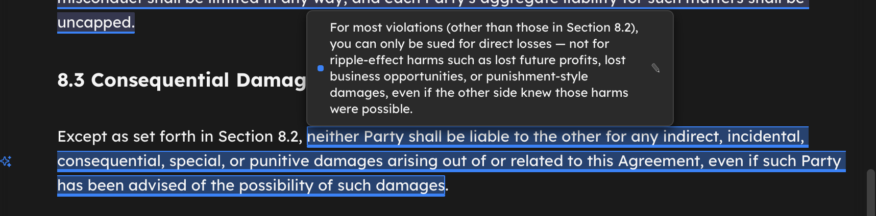 A dense clause on consequential damages with a plain-language note attached, explaining in one sentence what the clause means.