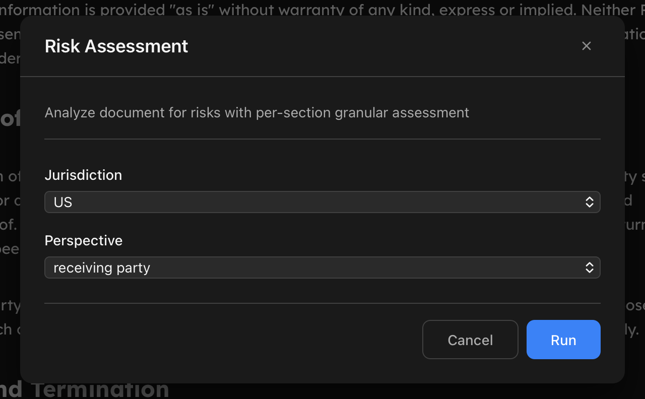 The Risk Assessment dialog with two dropdowns, Jurisdiction set to US and Perspective set to receiving party, and a Run button.