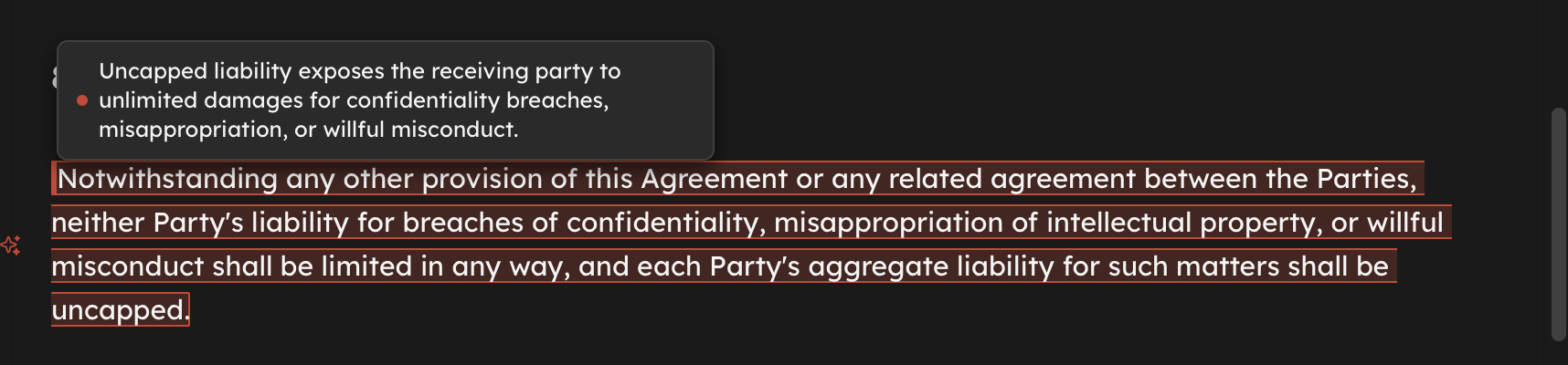 A red-flagged clause on liability with the pointer over it. A tooltip explains that uncapped liability exposes the receiving party to unlimited damages.