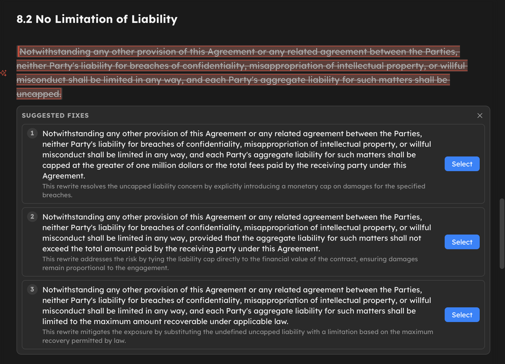 The original liability clause struck through, with three suggested rewrites listed underneath, each with a short reason and a Select button.